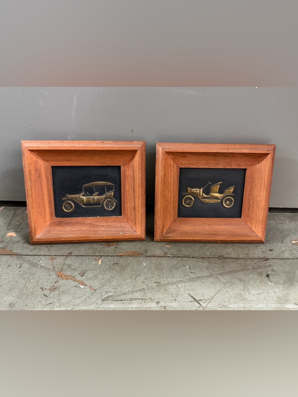 Set of 2 Framed Brass 3D Wall Art Cadillac 1905 Chevrolet 1913 Japan